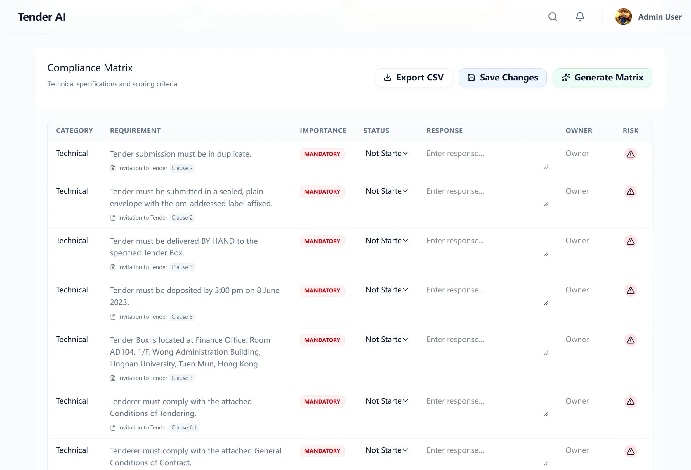 Tender AI contract management interface showing AI clause extraction and compliance risk flags